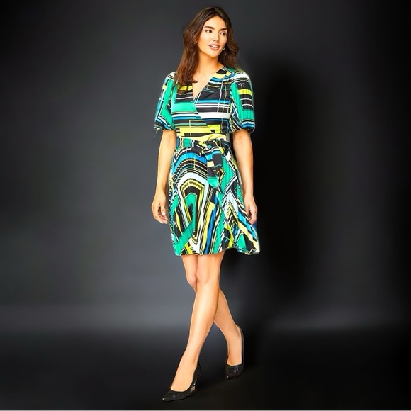 KARL LAGERFELD Geometric Surplice V Neckline Pleated Sleeve Wrap Dress, NEW - Picture 3 of 5